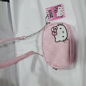 Hello Kitty pink canvas look hello kitty logo chainlink crossbody bag‎ purse new
